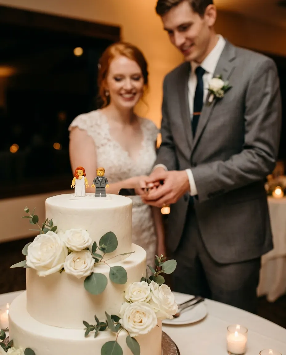 Concept render: couple holding minifigure cake topper of themselves