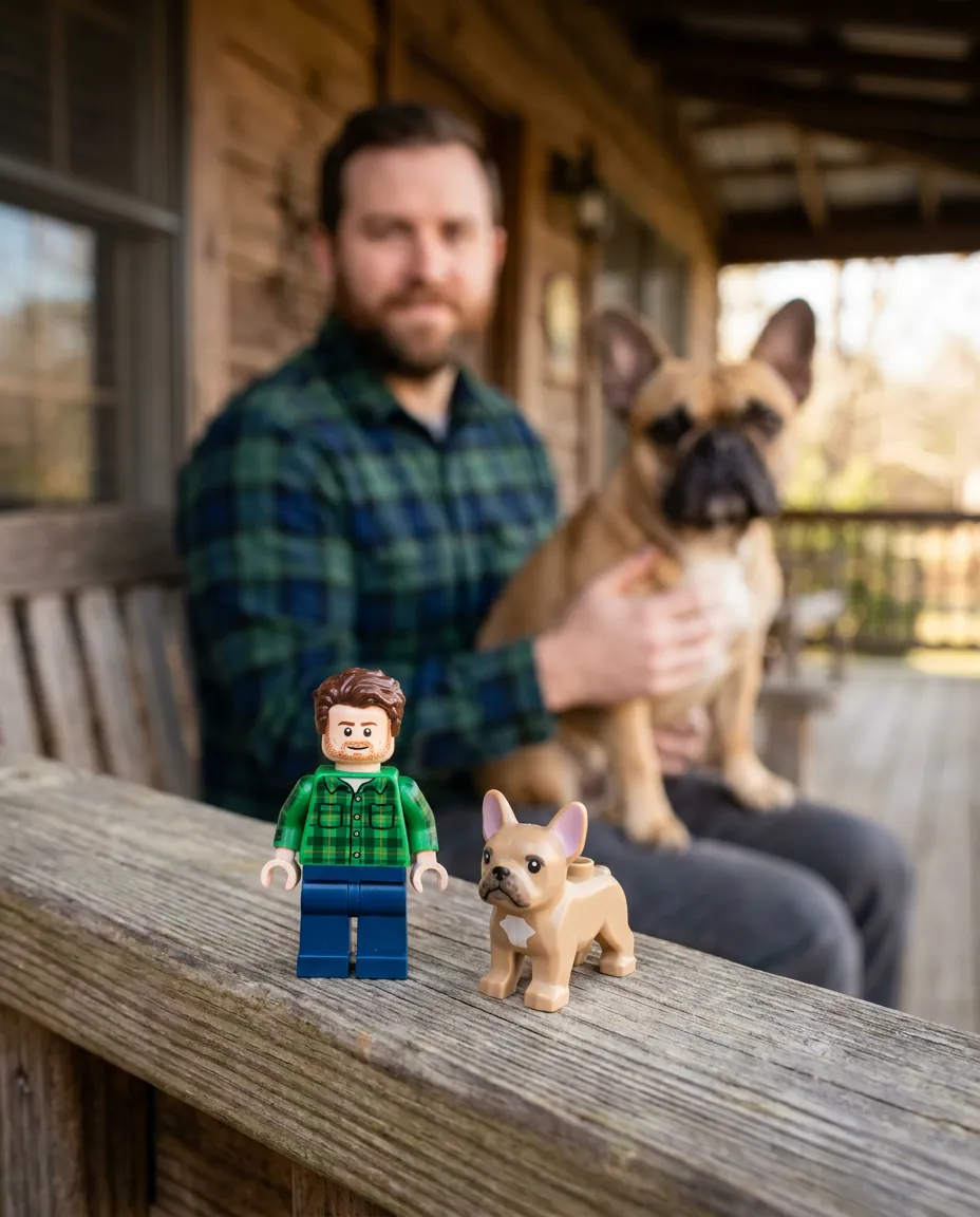 Illustrative mockup: an owner minifigure standing next to a brown brick-built dog on a display base