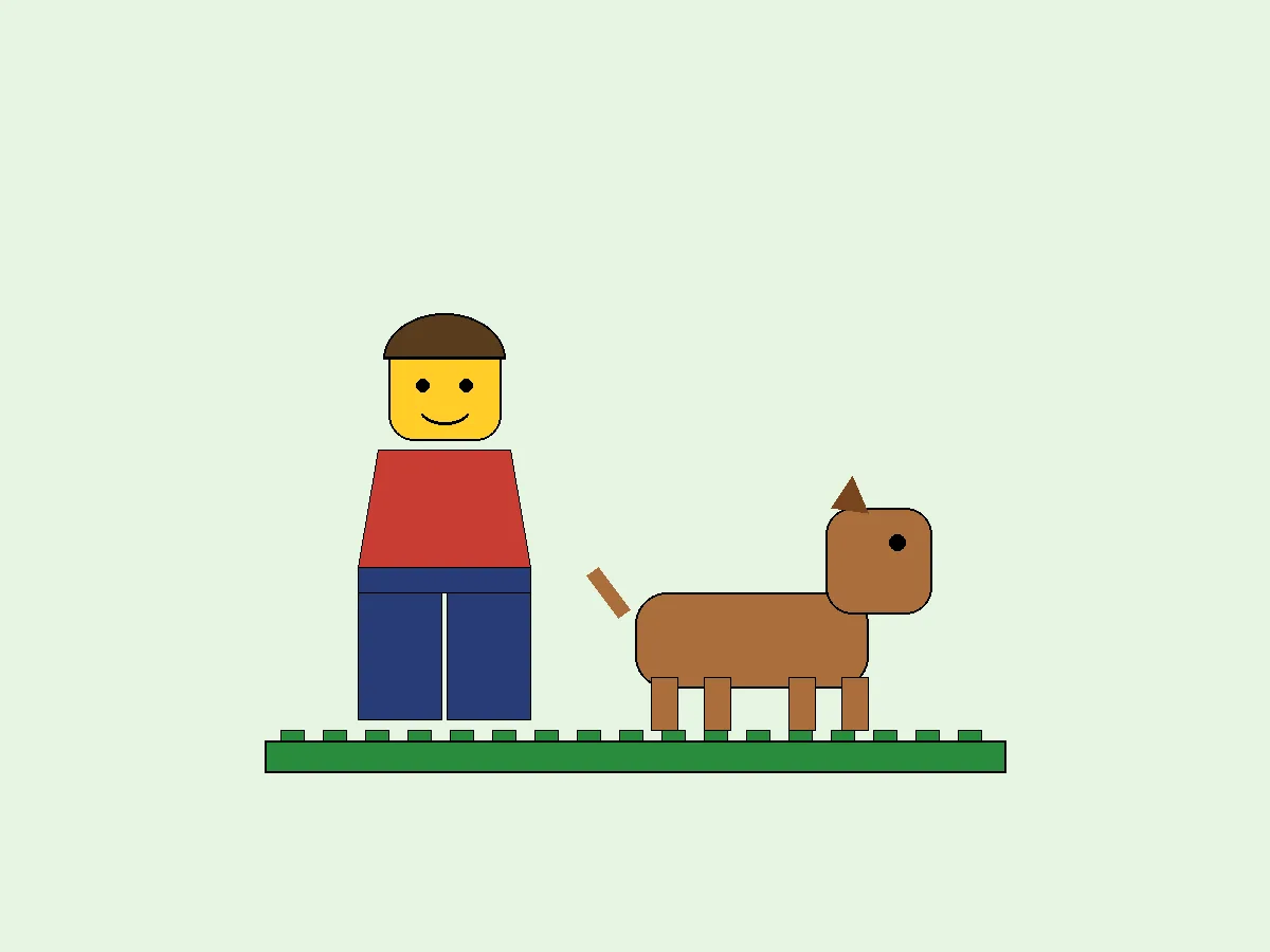 Illustrative mockup: an owner minifigure standing next to a brown brick-built dog on a display base