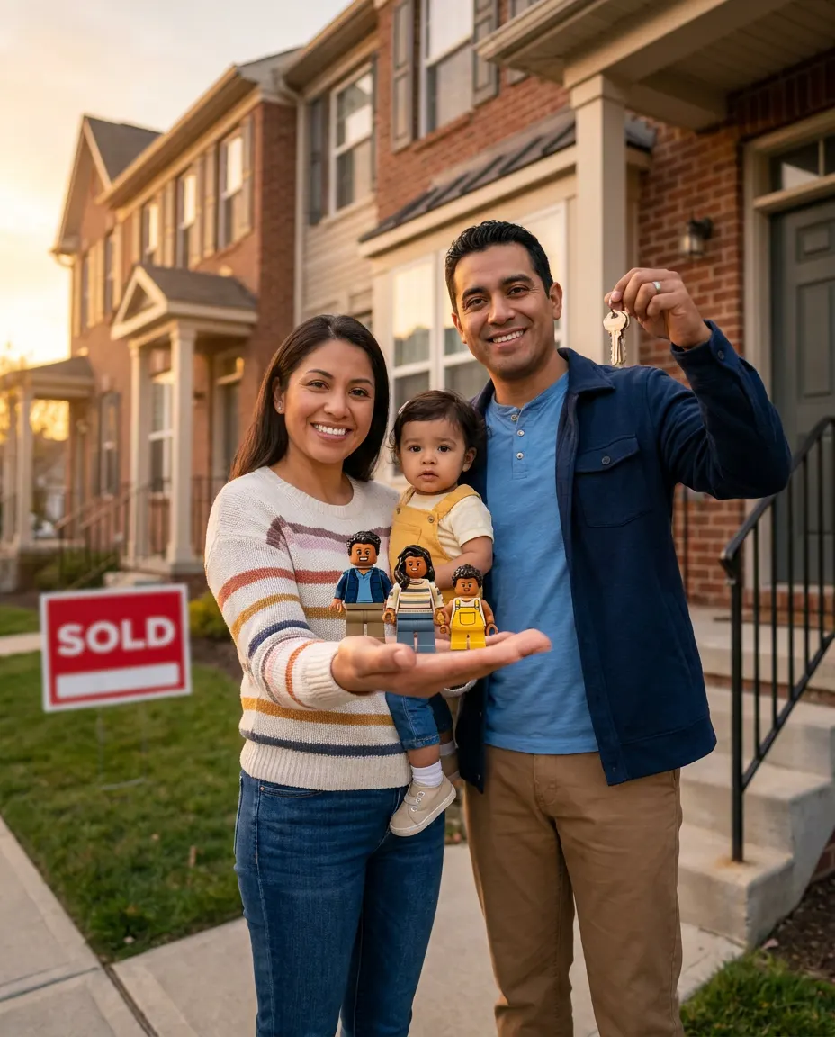 Illustrative mockup: two buyer minifigures beside a red SOLD brick and a printed house photo tile