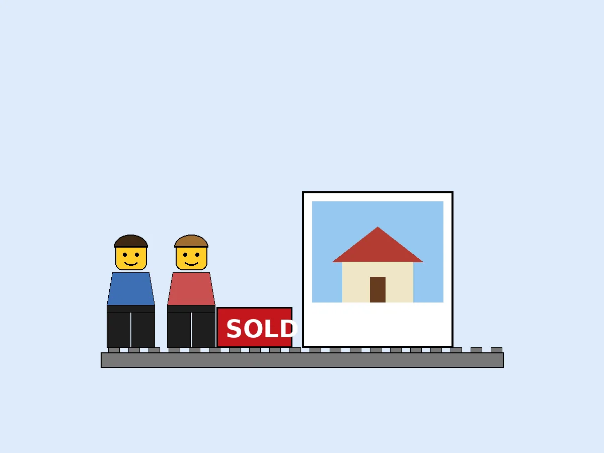 Illustrative mockup: two buyer minifigures beside a red SOLD brick and a printed house photo tile