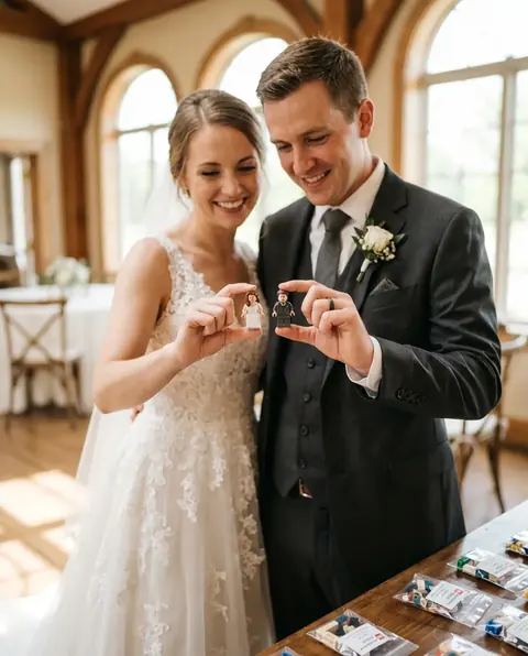 Concept render: white bride and groom holding tiny matching minifigures of themselves at a reception