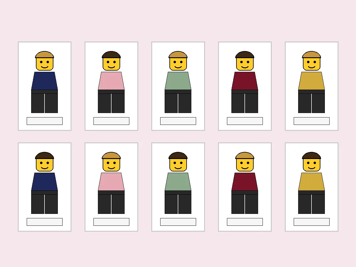 Illustrative mockup: a spread of labeled build-your-own wedding guest minifigure kits