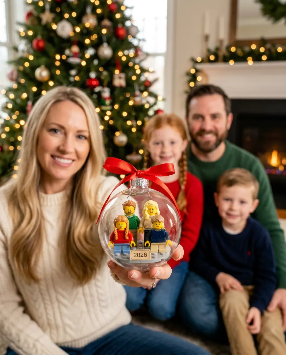 Concept render: family by a Christmas tree hanging a clear ornament holding minifigures of themselves